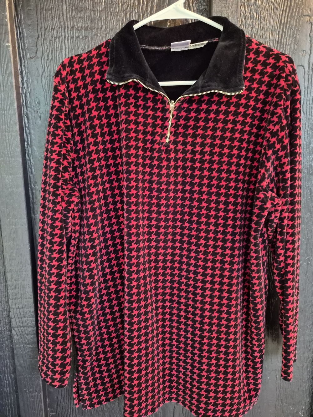 Red and Black Houndstooth Quarter-Zip Sweater